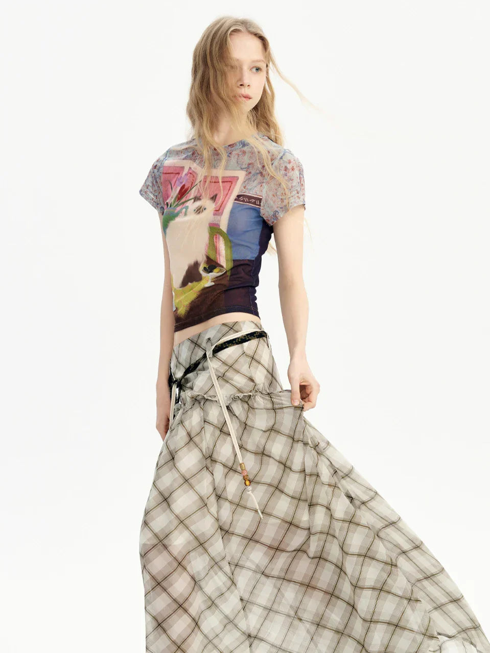 Cheerful Cat Graphic Mesh Summer T-Shirt