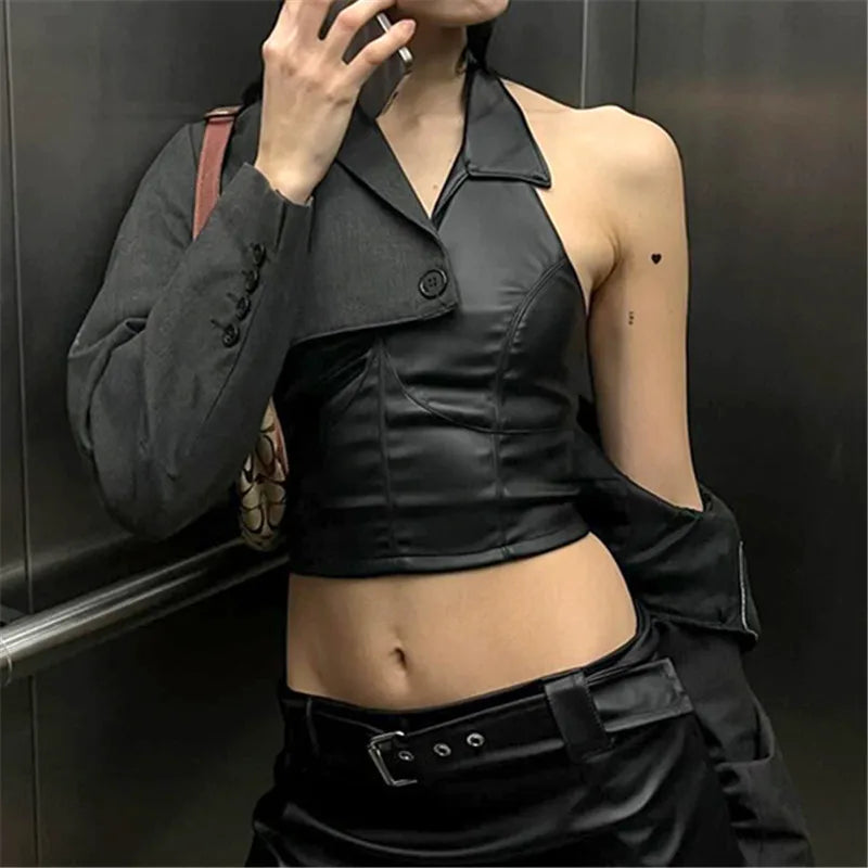 Baddie Faux Leather Halter Crop Top