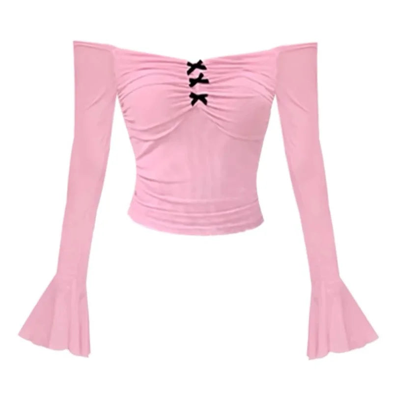 Pink Mesh Bow Cropped Long Crop Top