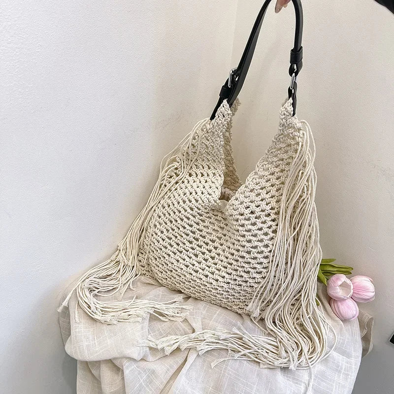 Hollow Out Knitted Tassel Shoulder Bag