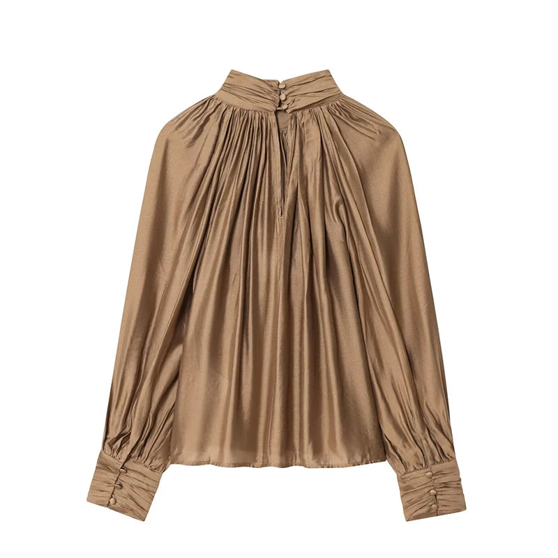 Half High Collar Pleated Long Sleeve Office Shirt
