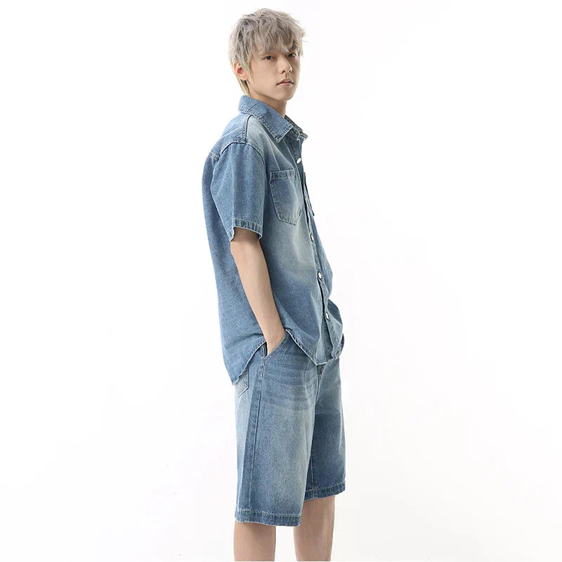American Style Lapel Denim Short and Shirt
