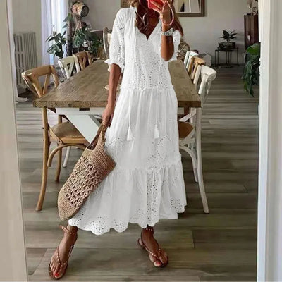 Summer Bohemian Loose Midi White Boho Dress