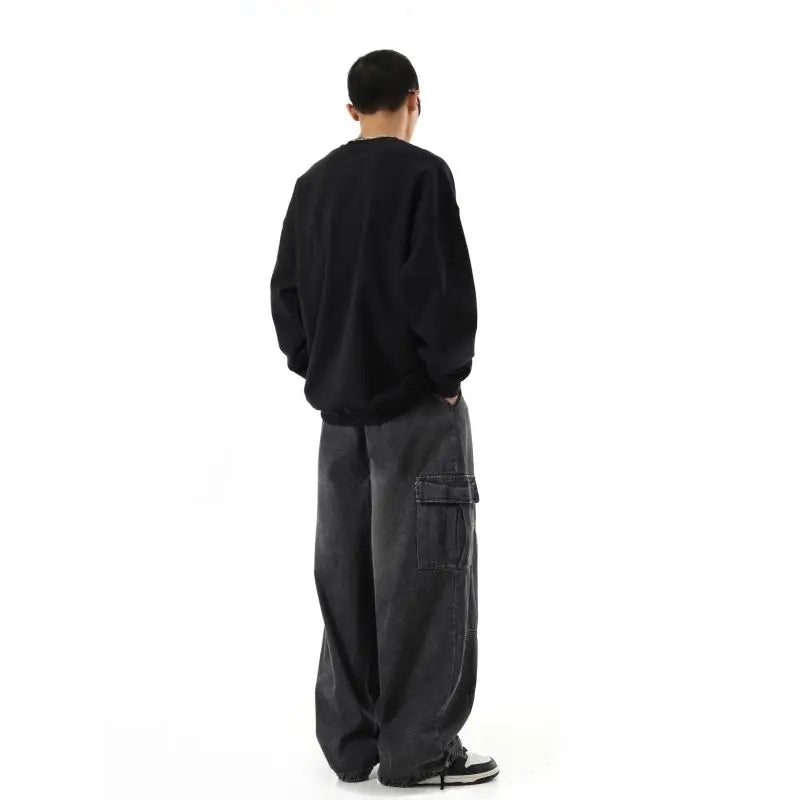 Drawstring Faded Wide Leg Cargo Jeans