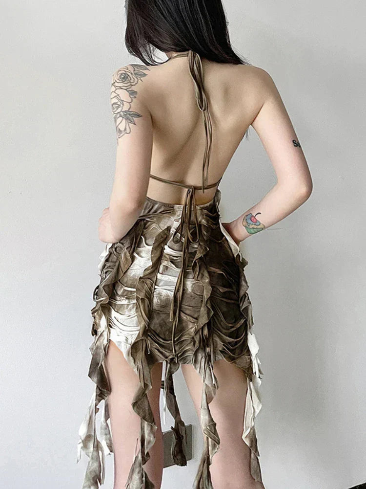 Rusty Grunge Patchwork Tassel Backless Dress