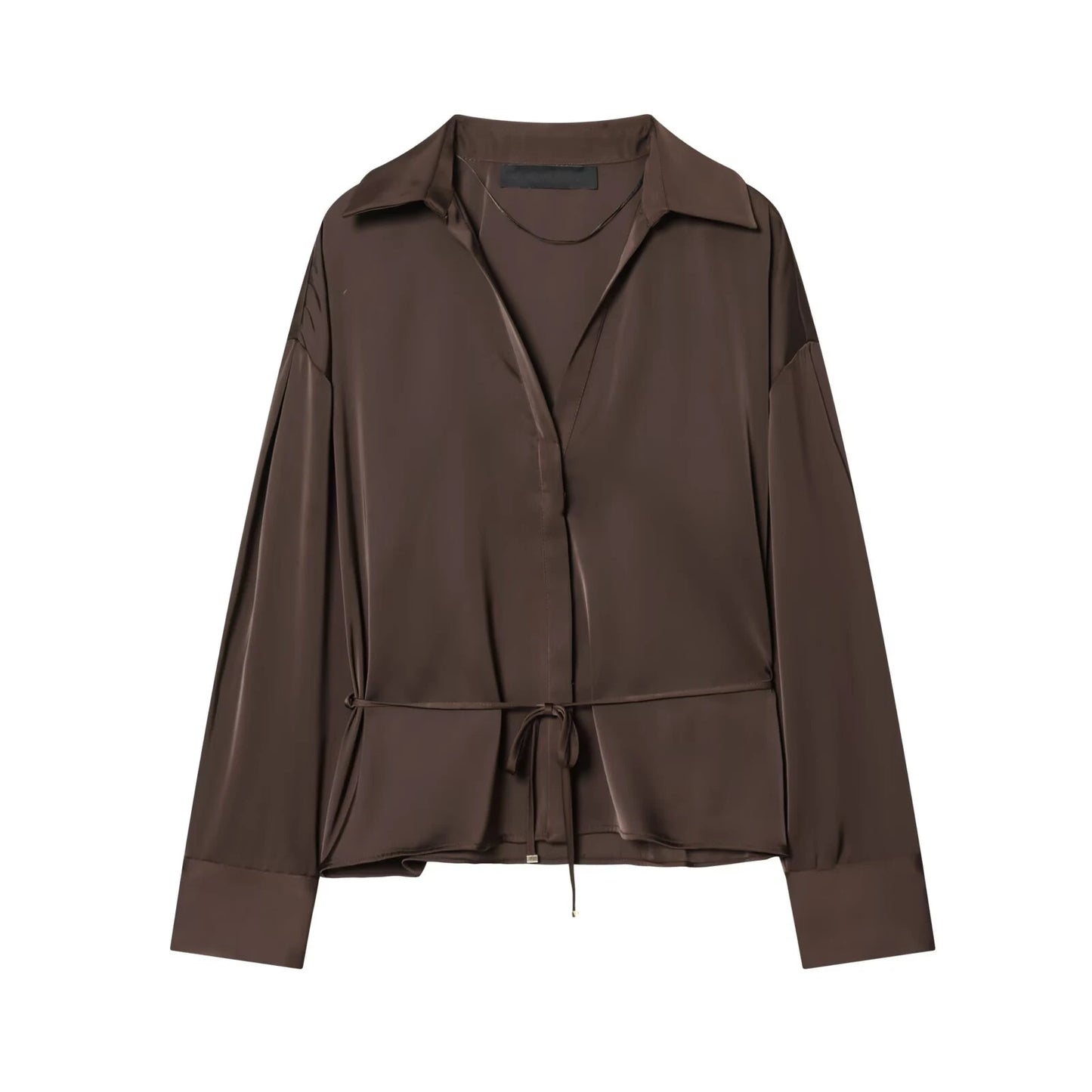 Women Elegant With Belt Satin Brown Shirt