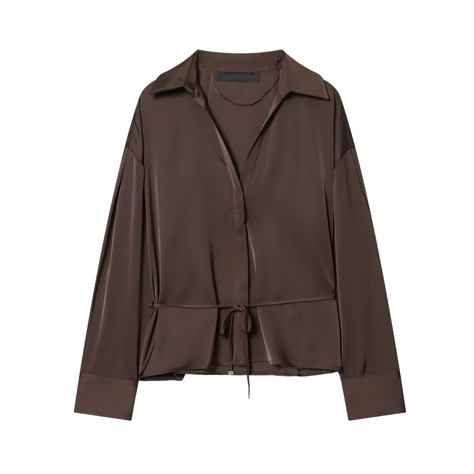 Women Elegant With Belt Satin Brown Shirt