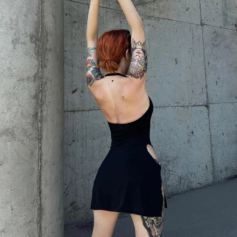 Baddie Solid Color Metal Buckle Mini Dress