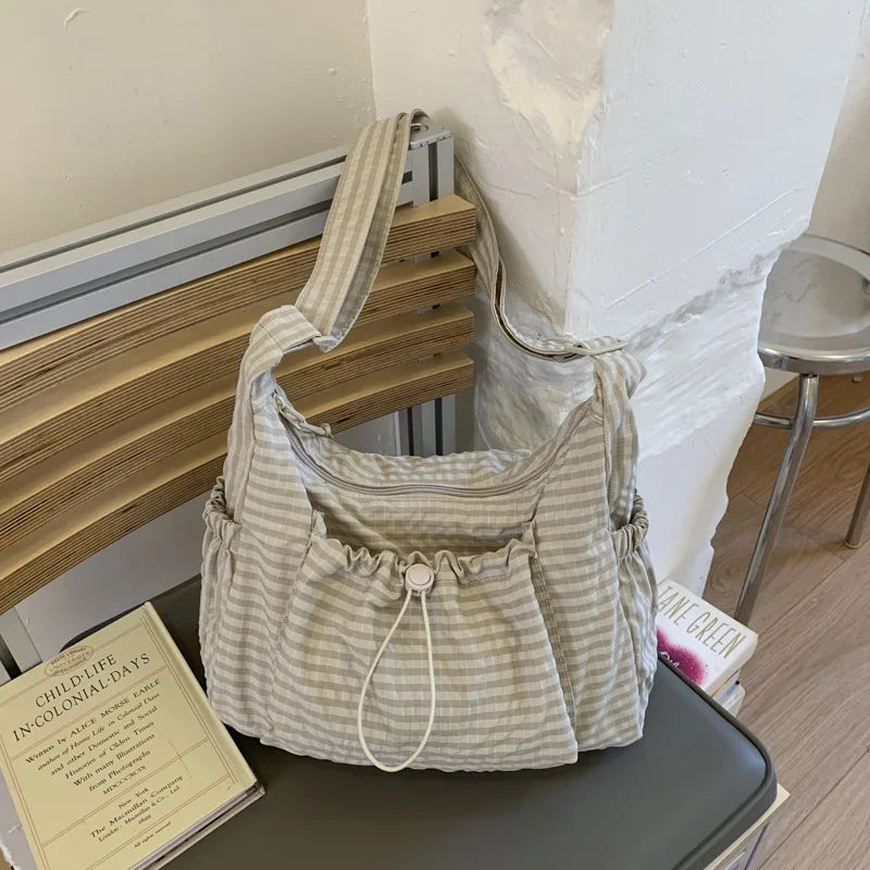 Korean Plaid Zipper Pleated Shoulder Bag