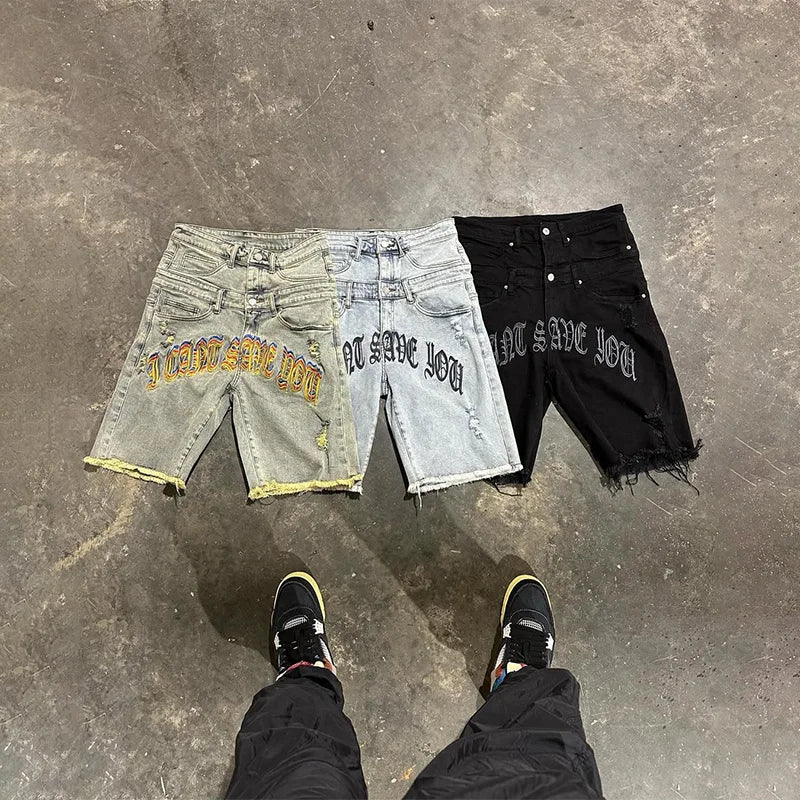 Colorful Embroidered High Waisted Denim Jorts