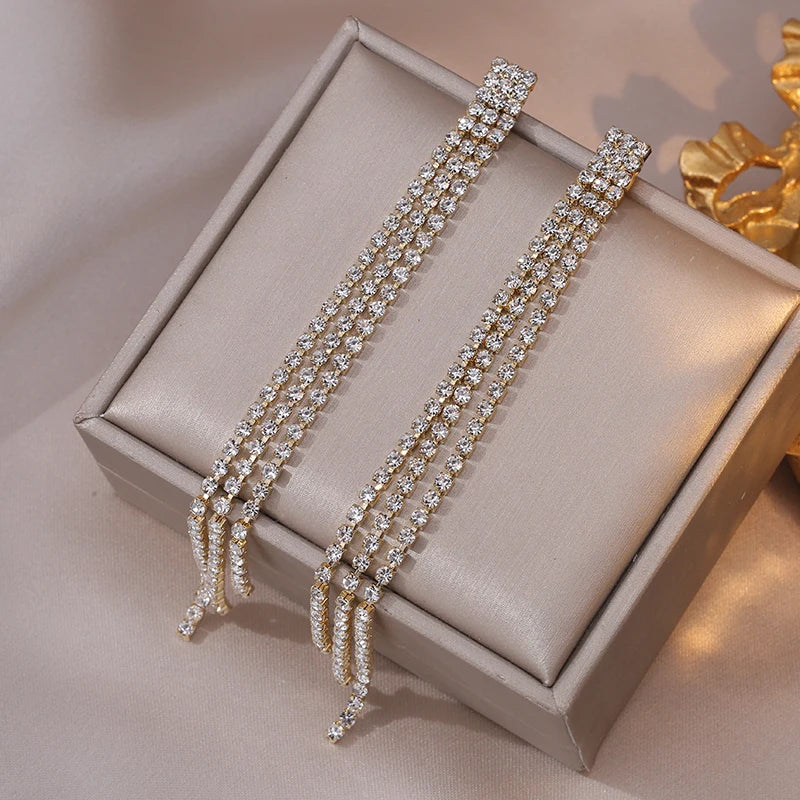 Long Shiny Full Crystal Rhinestone Earrings