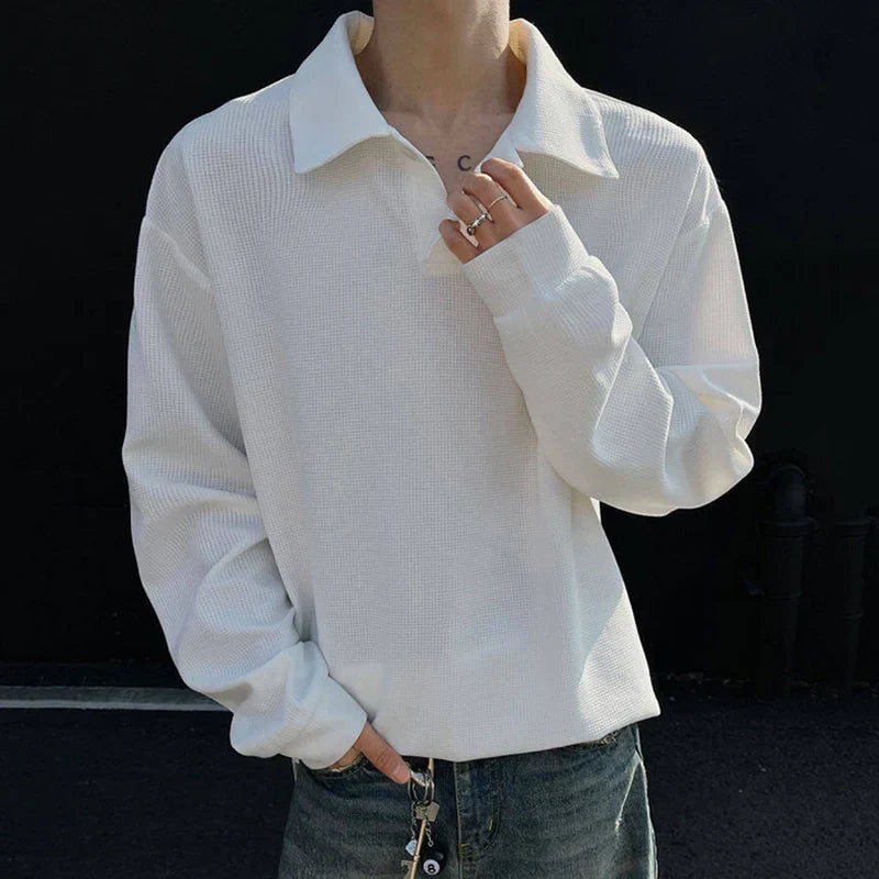 Lapel Long Sleeve Solid Color Polo T-Shirt