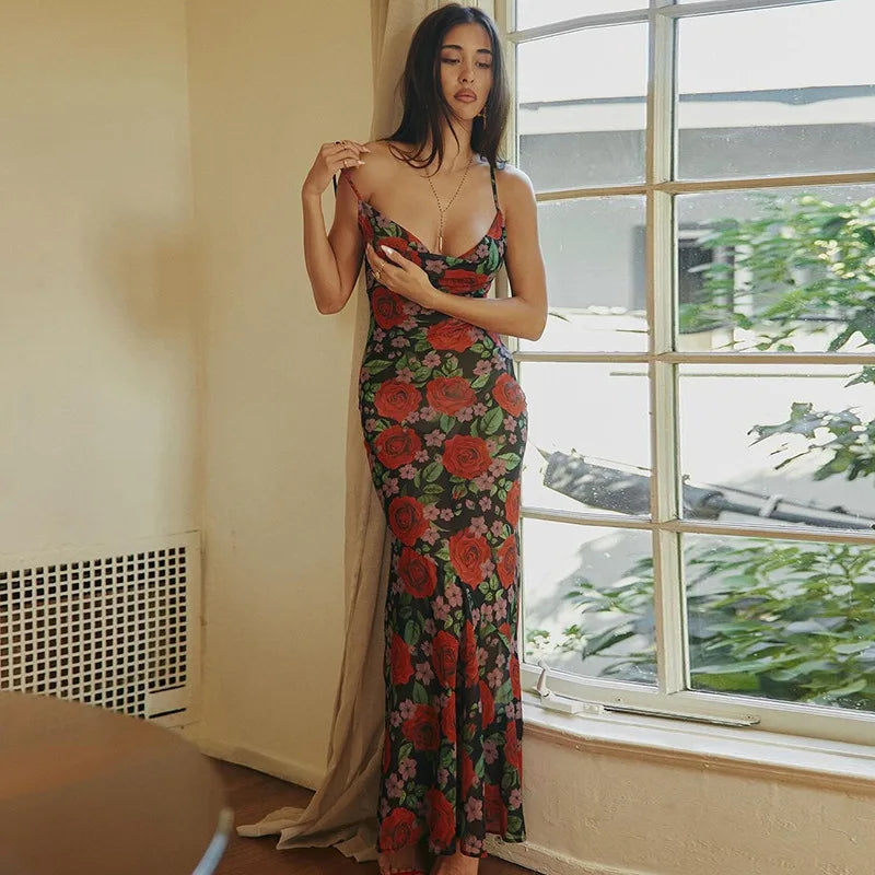 Floral Red Rose Maxi Dress