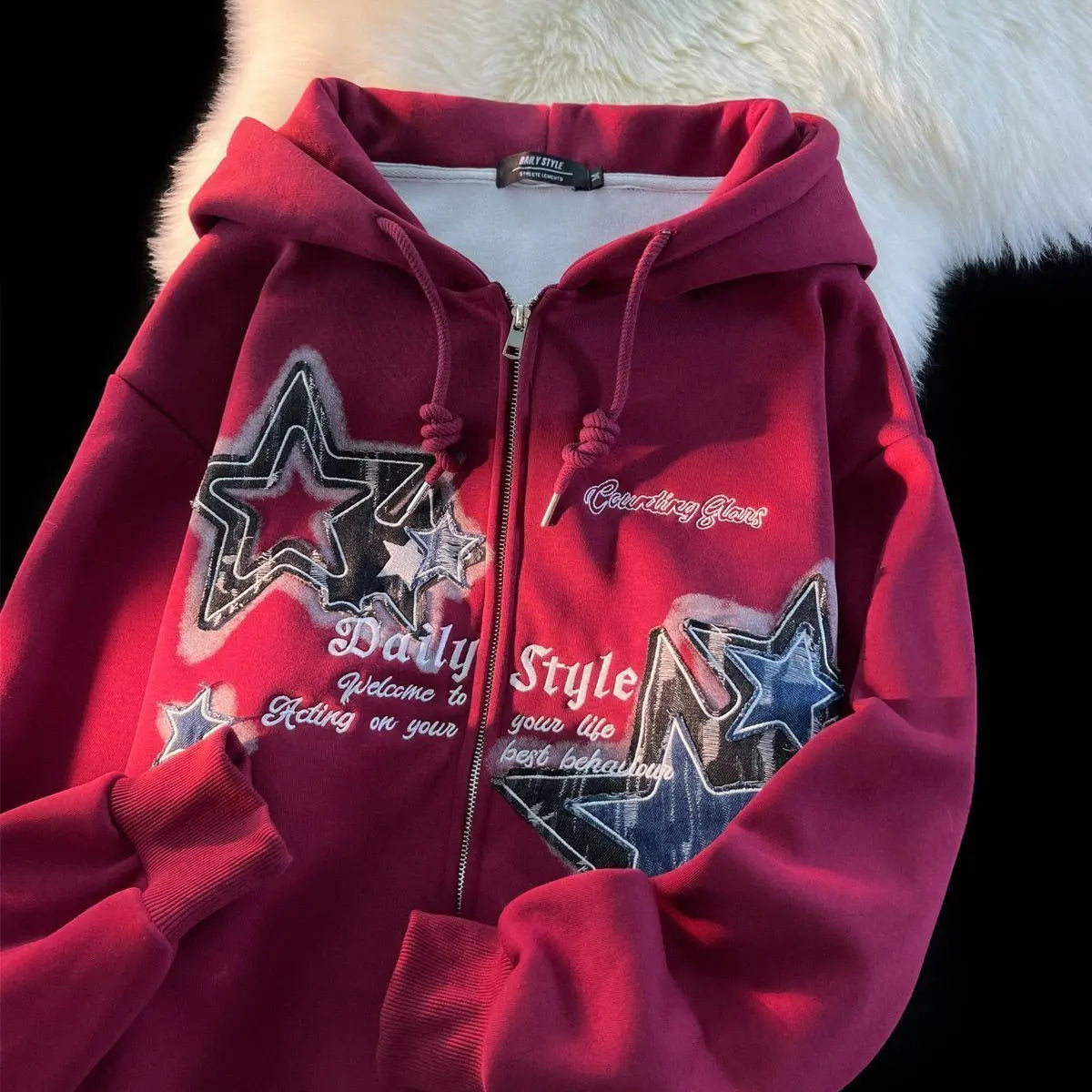Star Print Y2K Zip Up Hoodie