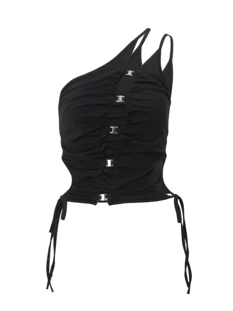 Y2k One Shoulder Black Halter Top