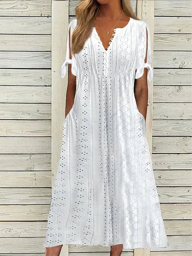 Old Money V-neck Boho White Midi Dress