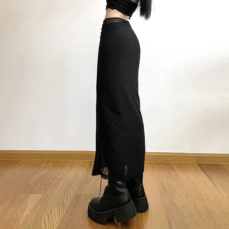 Sexy Mesh Patchwork Black Long Skirt