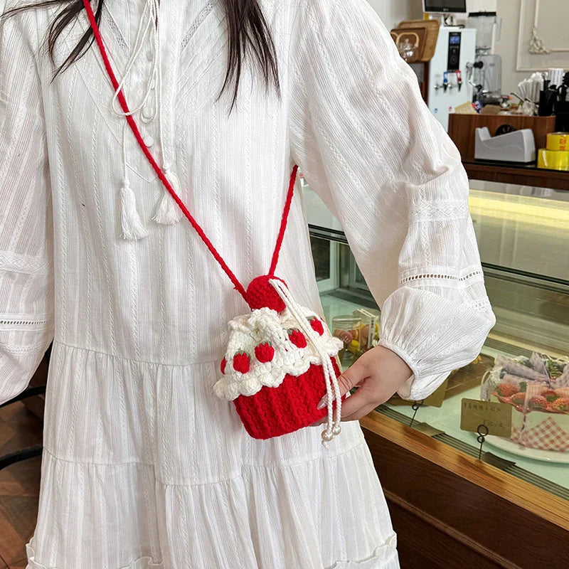 Cute Strawberry Cake Knitted Crochet Shoulder Bag