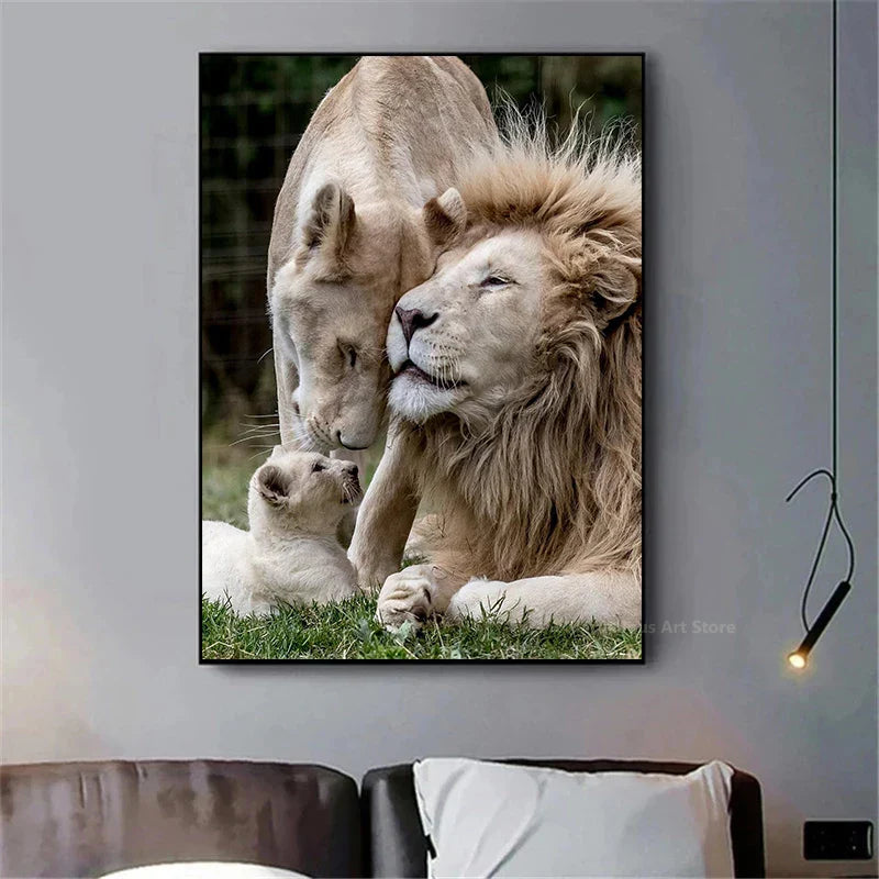 Black White Animals Baby Lion Family Poster