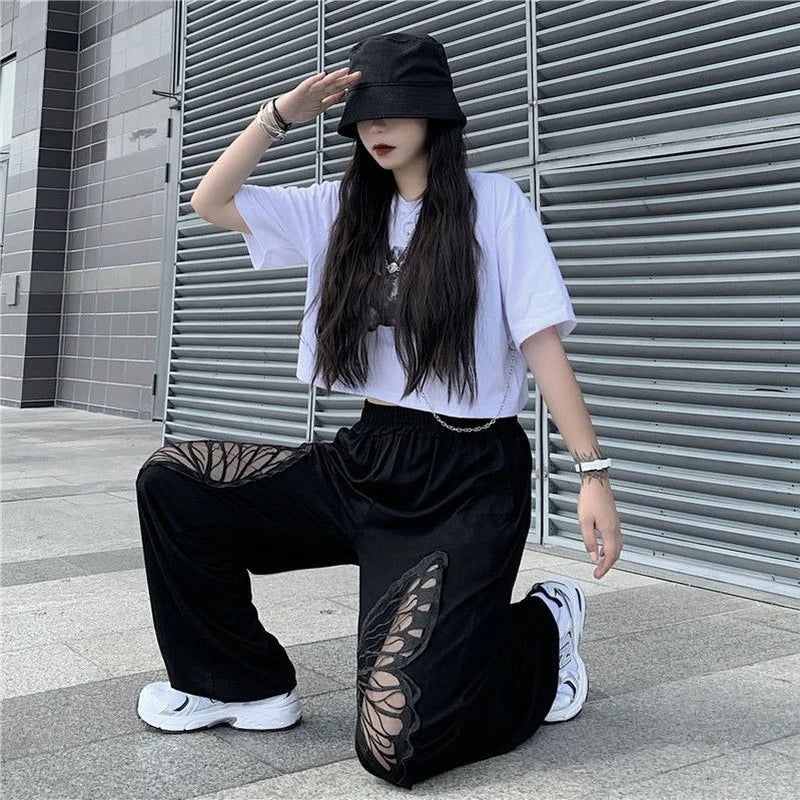 Butterfly Hollow Out Black Casual Pant