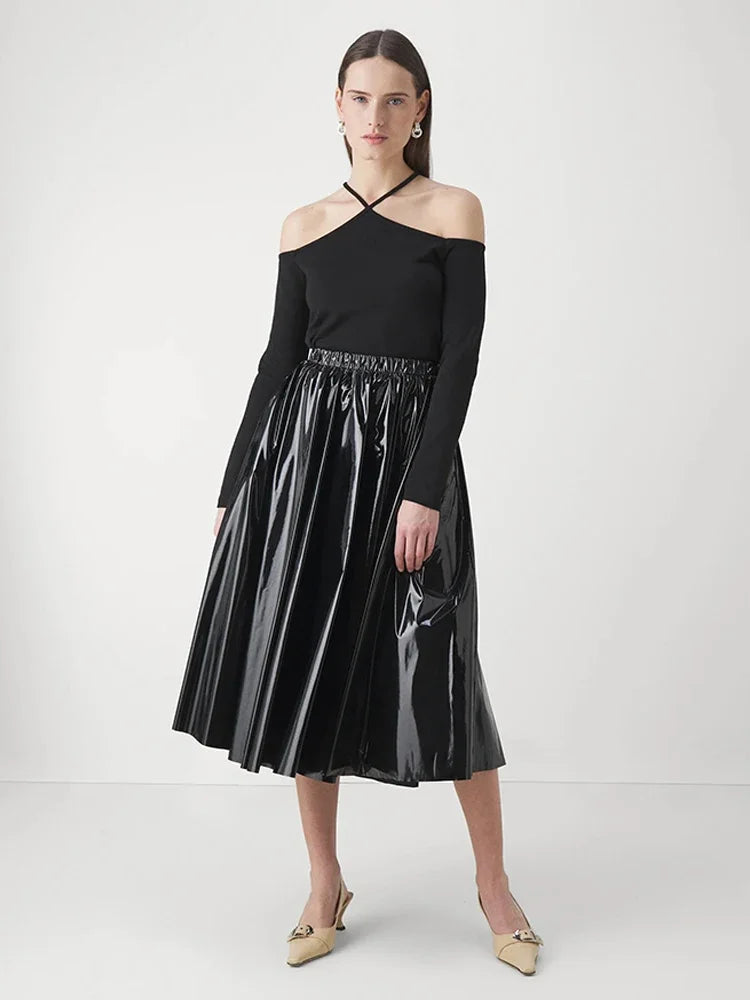 Glossy Leather Pleated Midi Skirt
