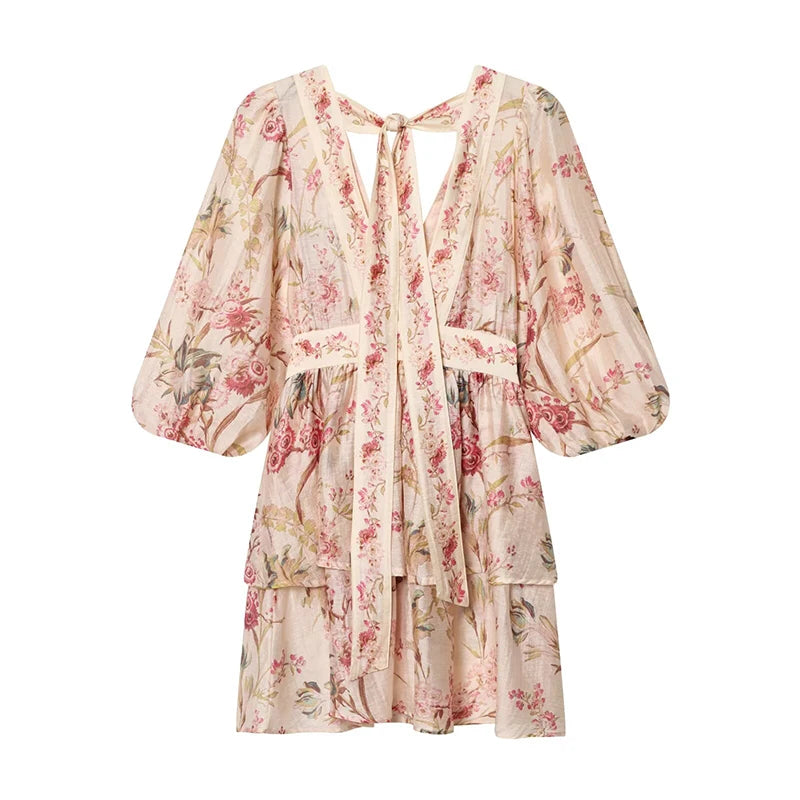 Vintage V Neck Floral Print Short Dress