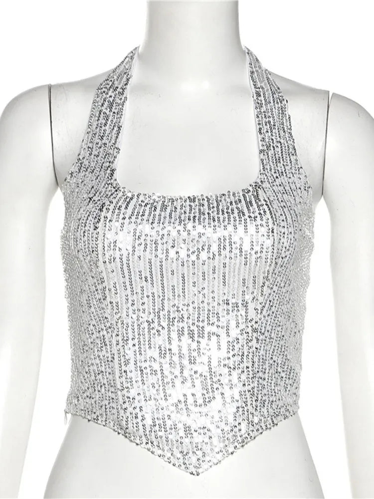 Sequins Hanging Neck Crop Top