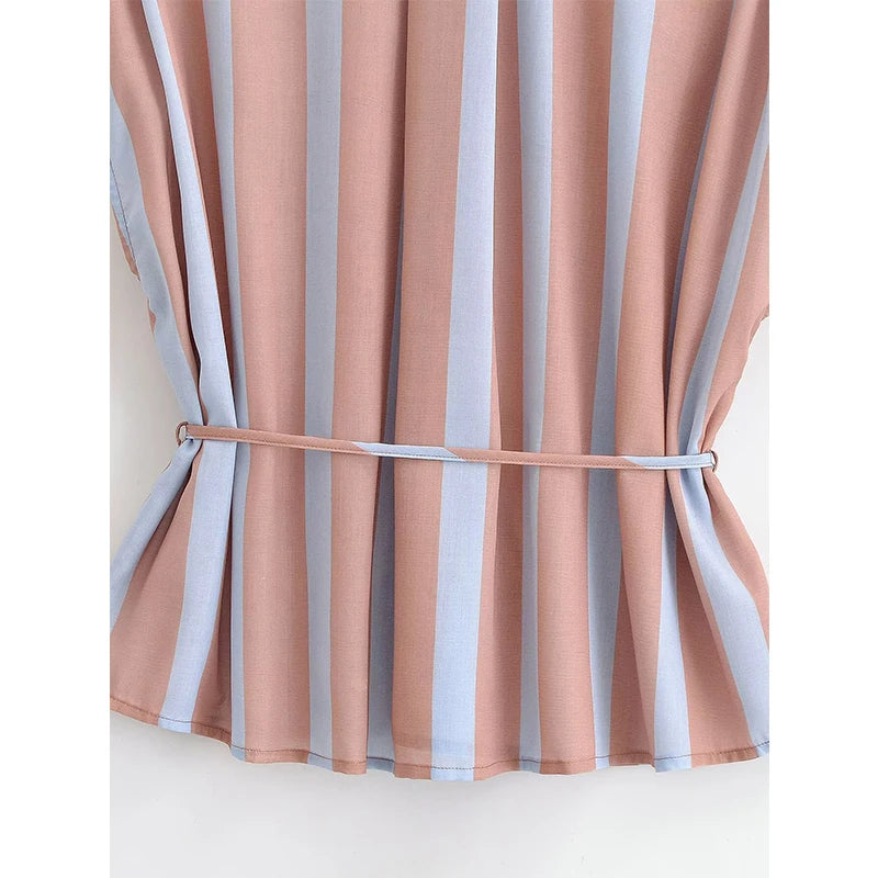 Sleeveless Lapel Collar Striped Shirt