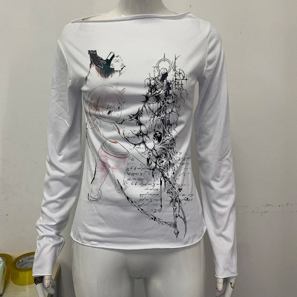 Vintage Grim Reaper Kawaii Girl Long Sleeve T-shirt