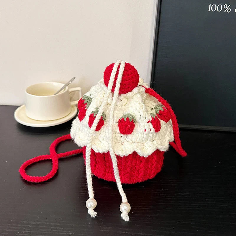 Cute Strawberry Cake Knitted Crochet Shoulder Bag