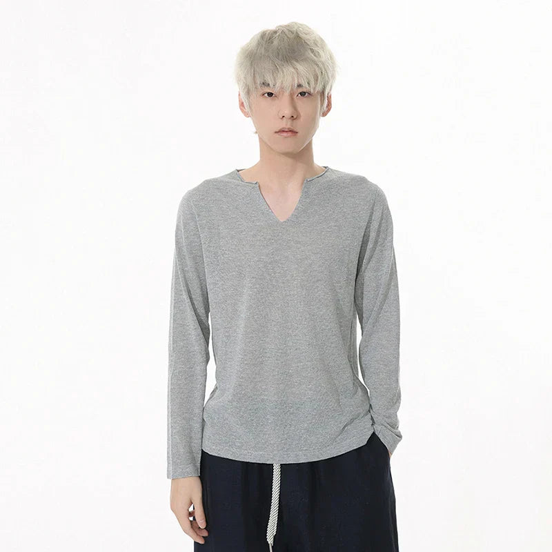 Schlankes, langärmliges V-Neck T-Shirt im koreanischen Stil