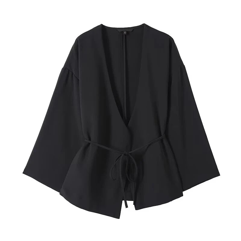 Women Lace Up Wrap High Street Black Blouse