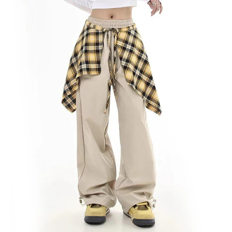Patchwork Plaid Skirt High Waisted Pants