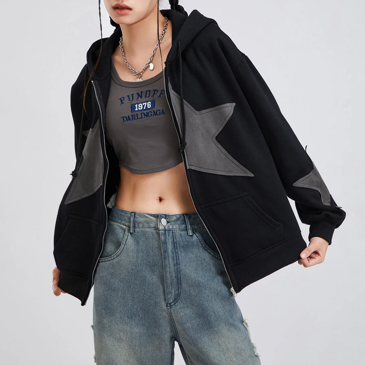 Y2K Star Patch Zip-Up Hoodie