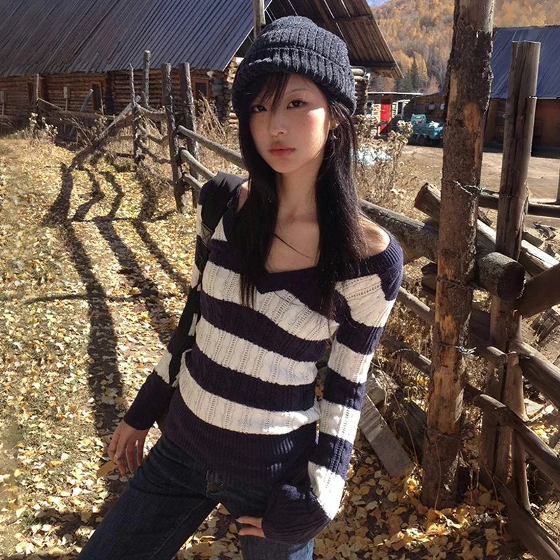 Y2k Striped V-Neck Sweater