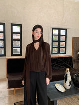 Brown Chiffon long Sleeve Ribbon Blouse