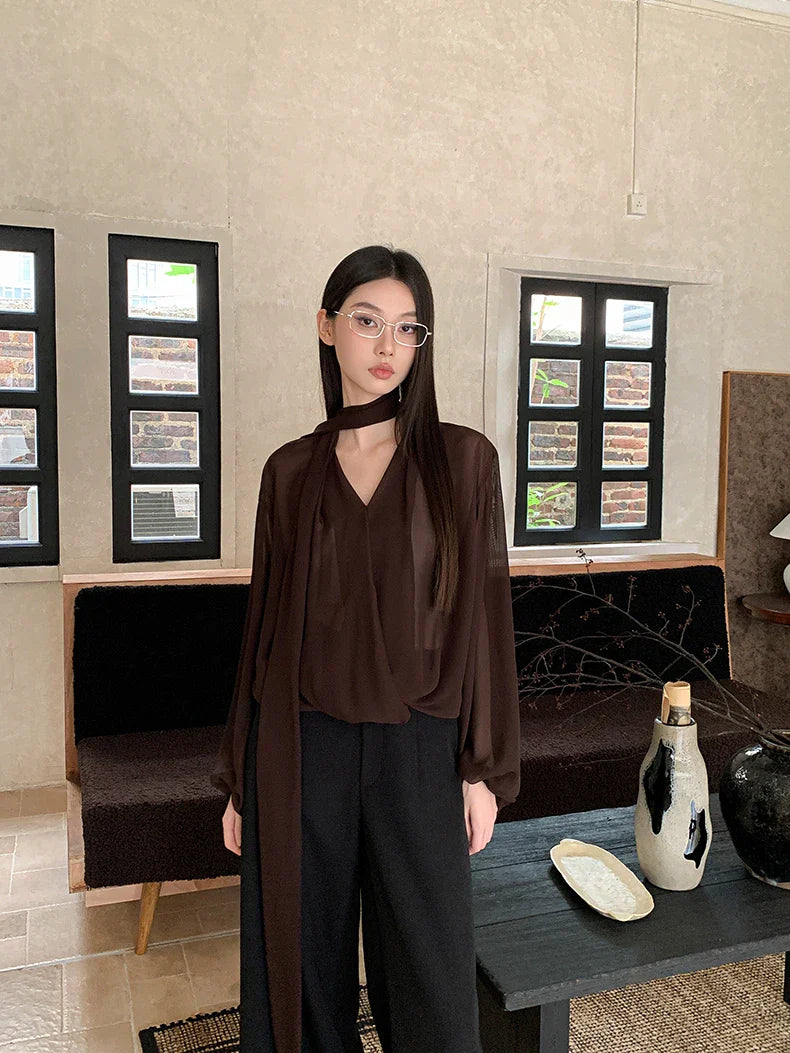Brown Chiffon long Sleeve Ribbon Blouse