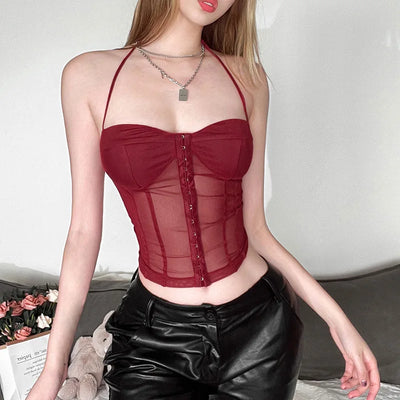 Y2K Wine Red Mesh Sheer Corset Tank Top