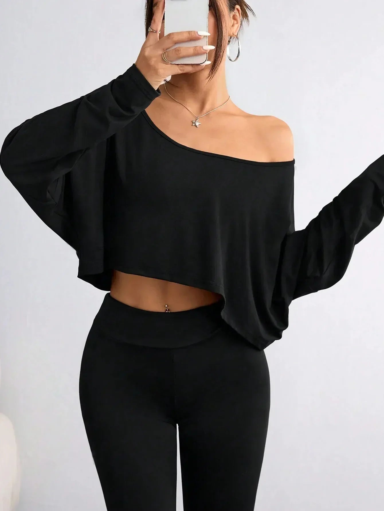 Casual Black Sexy Oblique Shoulder Long T-Shirt