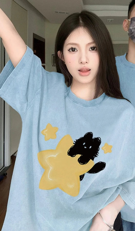 Gelbes Sternkatzen-Oversized-T-Shirt