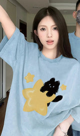 Gelbes Sternkatzen-Oversized-T-Shirt