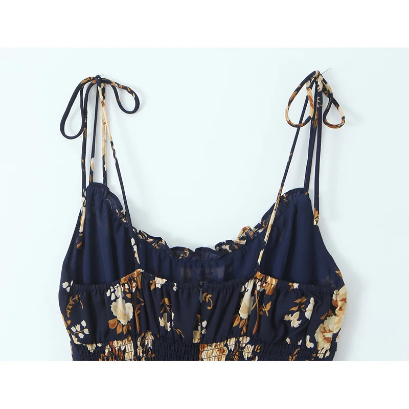 French Vacation-style Floral Print Sleeveless Dress