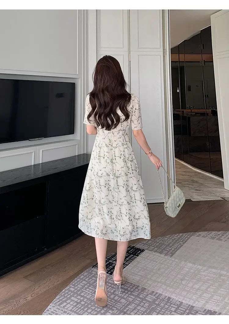 Green Floral V-neck Chiffon Midi Dress