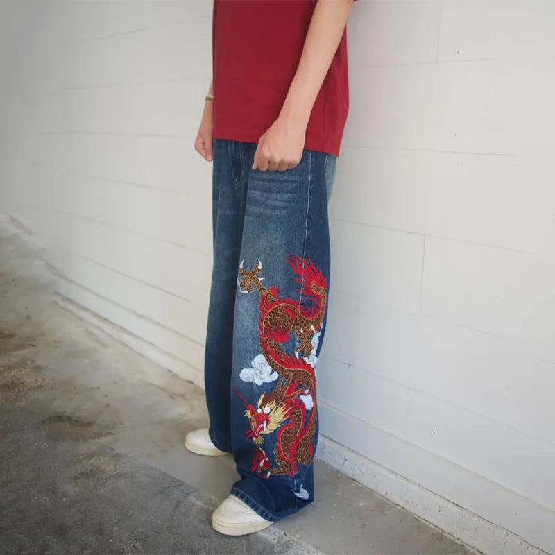 Red Dragon Embroidery Wide Leg Jeans