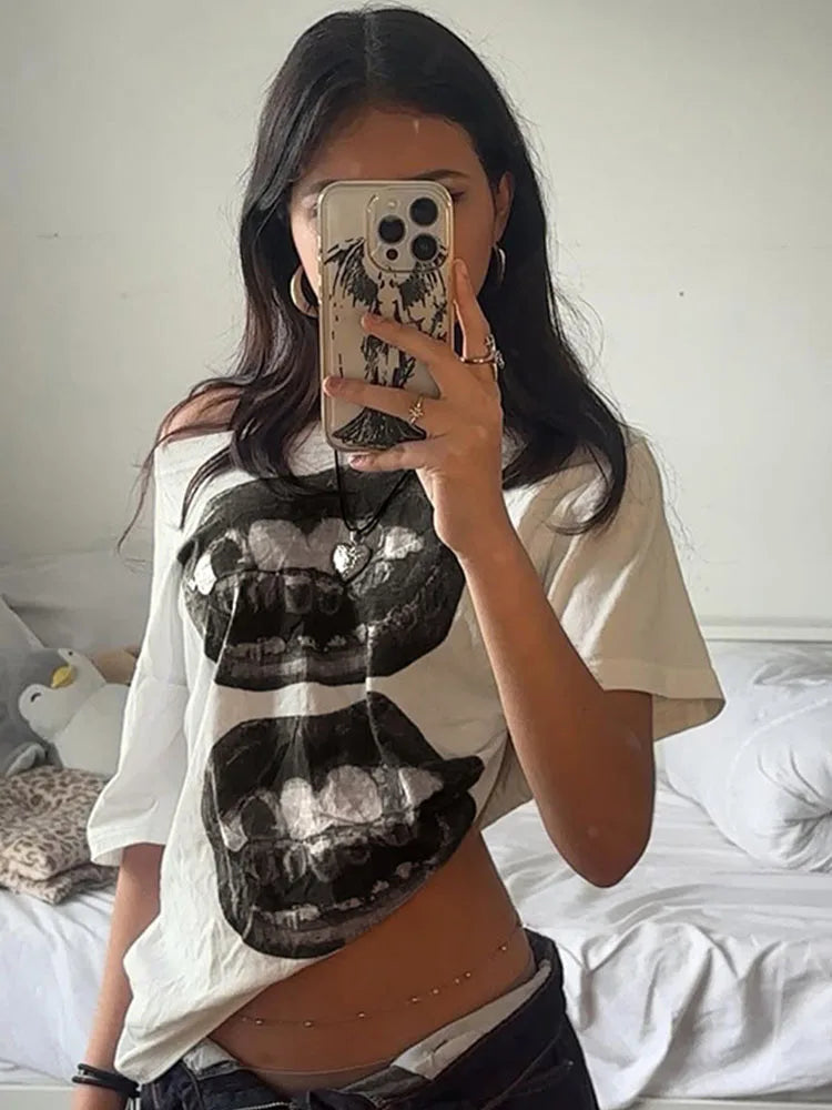 American Street Hip Hop Mouth Print Loose T-shirt