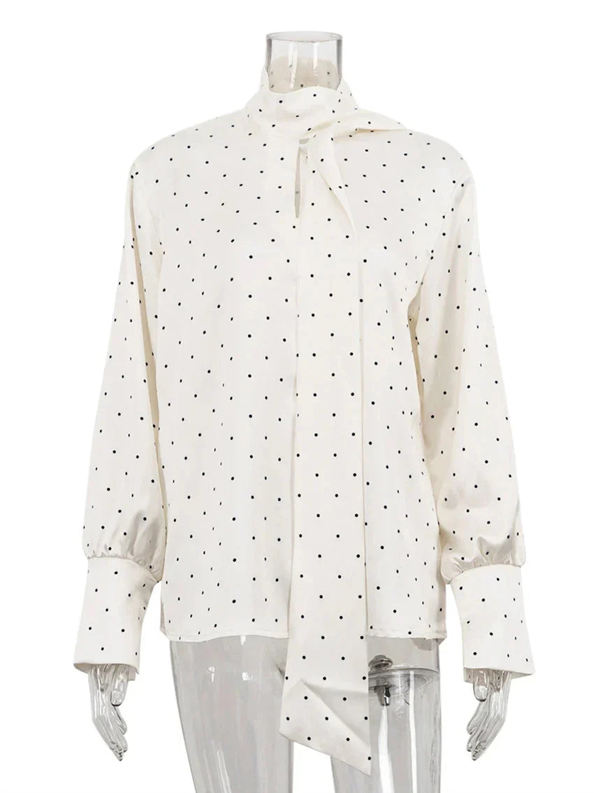 Polka Dot Bow Collar Long Sleeve Blouse