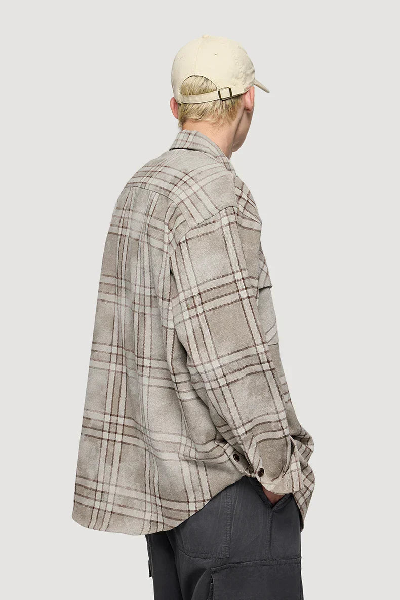 Plaid Distressed Oversize Pocket Long Sleeve Shirt