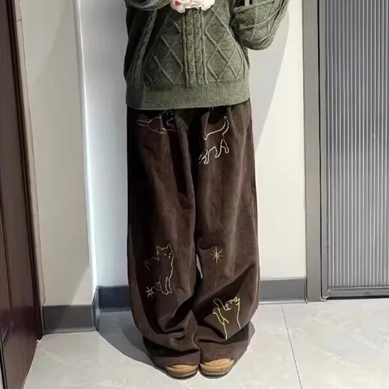 Indie Cartoon Cat Wide Leg Pants