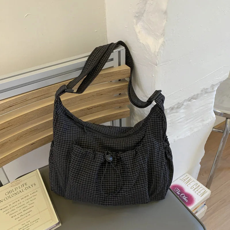 Korean Plaid Zipper Pleated Shoulder Bag