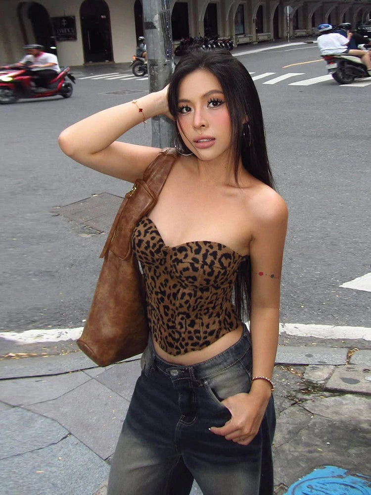 Y2K Leopard Strapless Corset Top